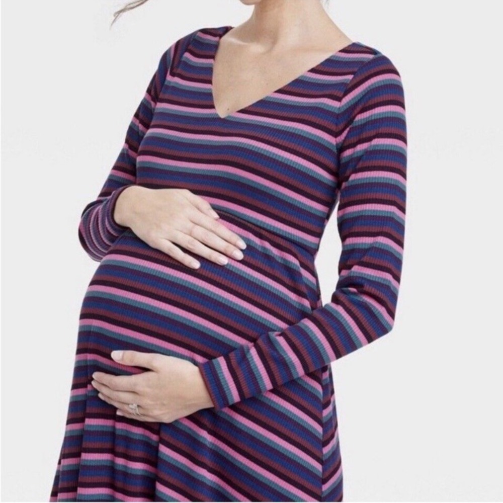 The Nines by Hatch Maternity Women's‎ Large Midi Sweater Dress Striped Ribbed - Picture 2 of 11